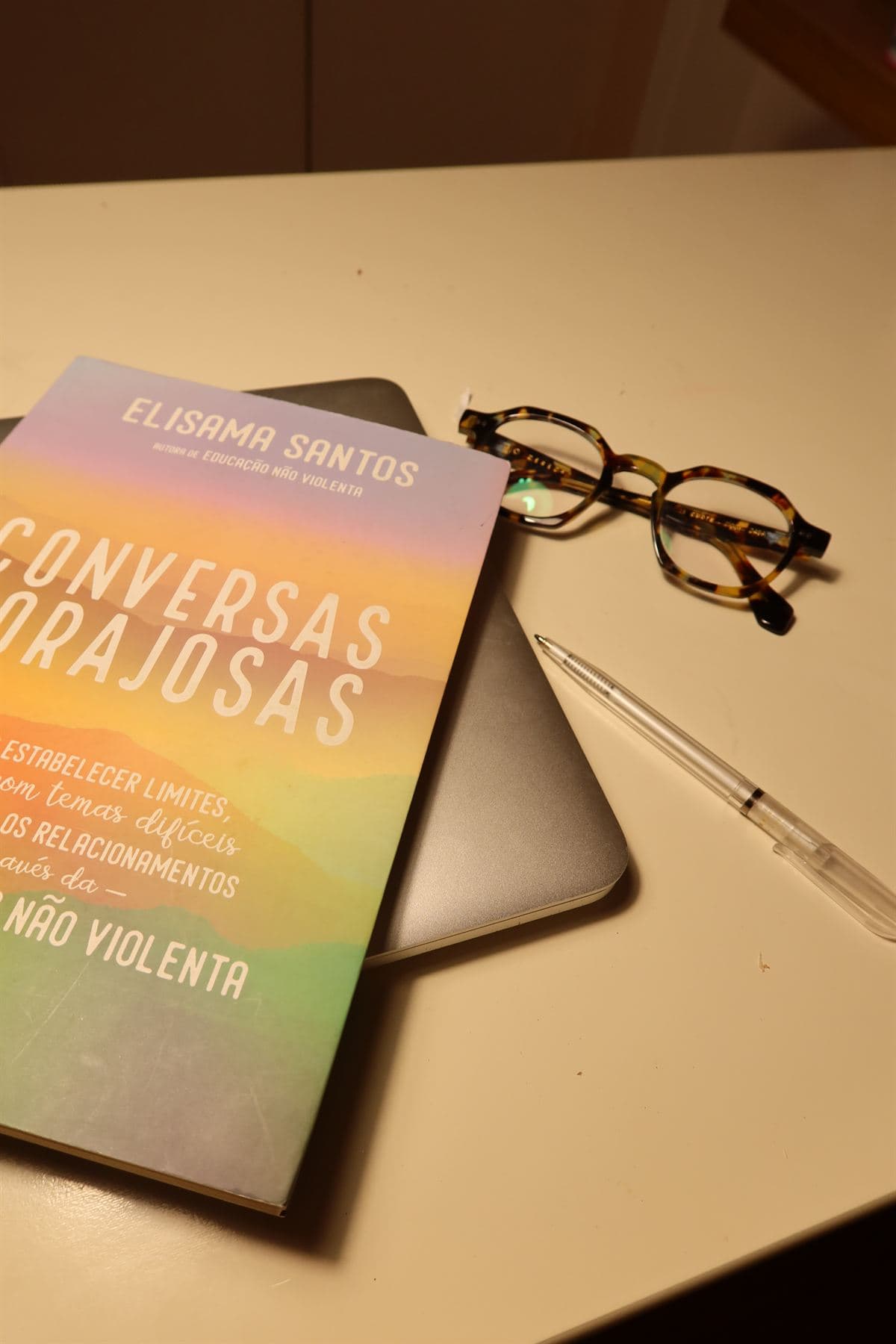 Livro, óculos e caneta sobre a mesa de trabalho de Paula Braga
